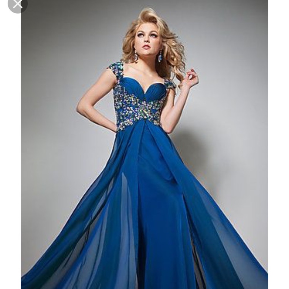 Tony Bowls Evening Beaded Gown Teal Blue